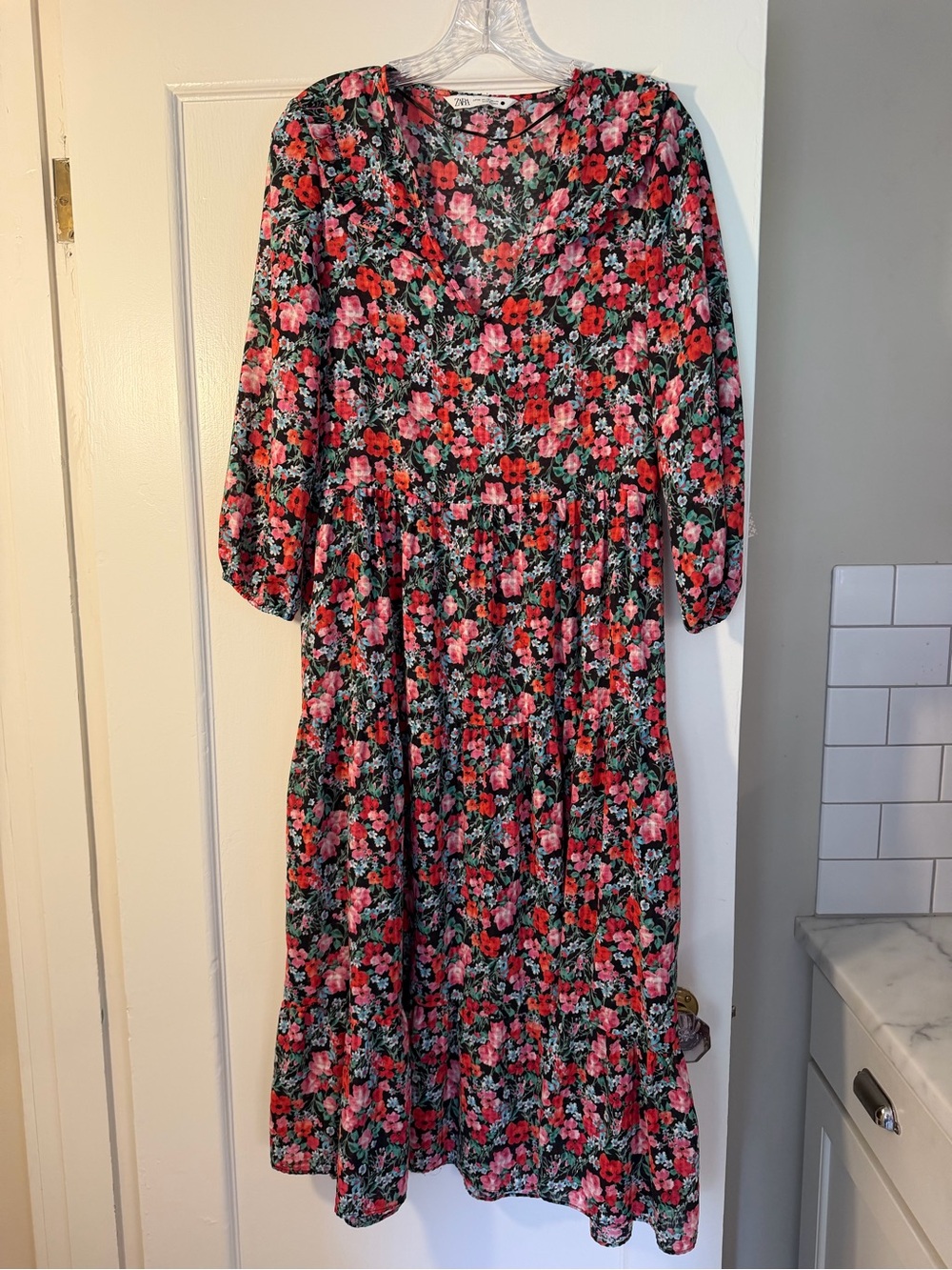 Zara Black Midi Dress with Pink & Red Floral Print